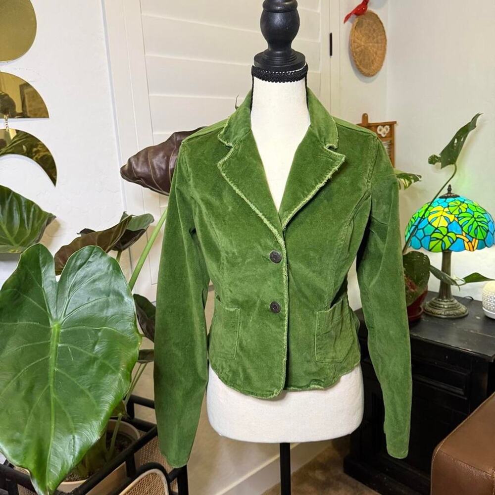 Y2K Body Central Green Velvet Fitted Blazer Jacket Raw Hem Medium